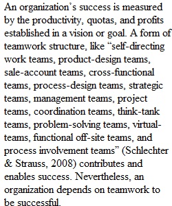 An organization’s success is measured by the productivity, quotas, and profits established in a vision or goal. A form of teamwork structure, like “self-directing work teams, product-design teams, sale-account teams, cross-functional teams, process-design